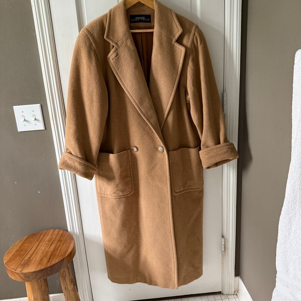 Vintage Linda Allard Ellen Tracy 100% Wool Camel Long Coat Size 8